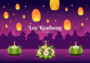 Loy Krathong Festivali Tayland Şablon El Şablonu Fenerleri ve Krathongların Su Tasarımı Üzerine Yüzdüğü Çizgi Film Çizimi Kutlaması