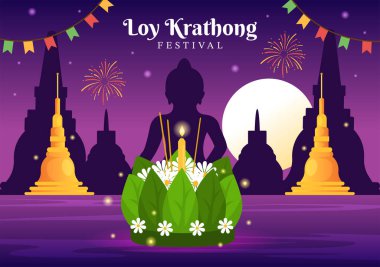 Loy Krathong Festivali Tayland Şablon El Şablonu Fenerleri ve Krathongların Su Tasarımı Üzerine Yüzdüğü Çizgi Film Çizimi Kutlaması