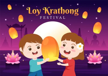 Loy Krathong Festivali Tayland Şablon El Şablonu Fenerleri ve Krathongların Su Tasarımı Üzerine Yüzdüğü Çizgi Film Çizimi Kutlaması