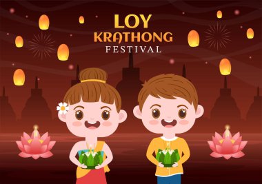Loy Krathong Festivali Tayland Şablon El Şablonu Fenerleri ve Krathongların Su Tasarımı Üzerine Yüzdüğü Çizgi Film Çizimi Kutlaması