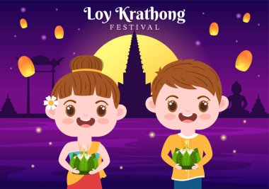 Loy Krathong Festivali Tayland Şablon El Şablonu Fenerleri ve Krathongların Su Tasarımı Üzerine Yüzdüğü Çizgi Film Çizimi Kutlaması