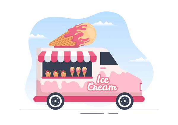 Шаблон Магазина Мороженого Ручной Рисунок Плоская Иллюстрация Вкусным Десертом Различными — стоковый вектор