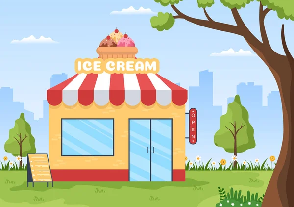 Ice Cream Store Template Hand Gezeichnet Cartoon Flache Illustration Mit — Stockvektor