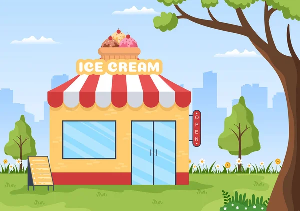 Ice Cream Store Template Handtekening Cartoon Flat Illustration Met Heerlijk — Stockvector