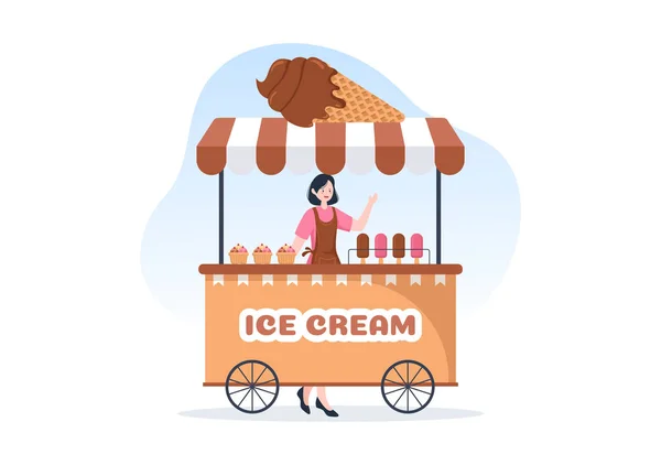 Ice Cream Store Sablon Kézzel Rajzolt Rajzfilm Lapos Illusztráció Ízletes — Stock Vector