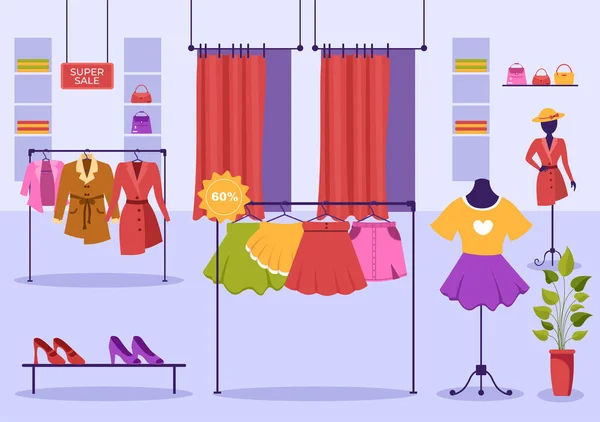 Mode Kläder Butik För Kvinnor Mall Hand Ritade Tecknad Tecknad — Stock vektor
