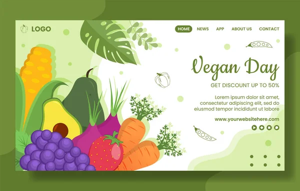 Feliz Día Vegetariano Vegano Social Media Landing Page Plantilla Dibujado — Vector de stock