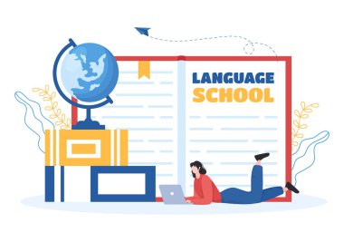 Dil Okulu Şablonu El Çizimi Online Öğrenim, Eğitim Programı ve Yurtdışında Yabancı Dilleri Öğrenme Çizimi Çizimi