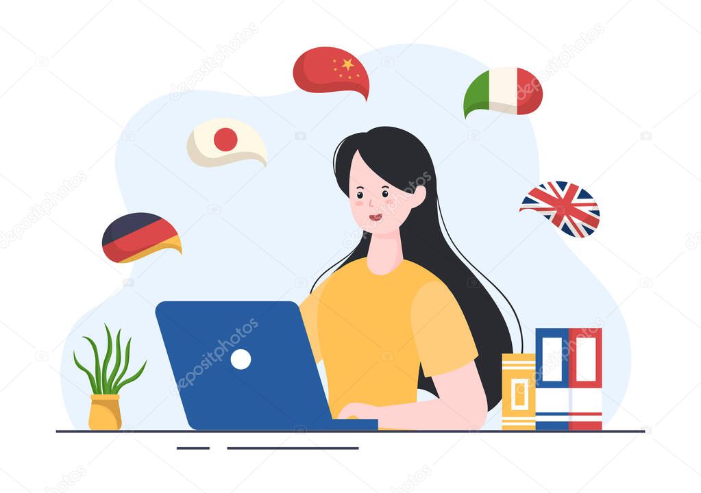 Language School Template Hand Drawn Cartoon Flat Illustration of Online Learning, Courses, Training Program and Study Foreign Languages Abroad