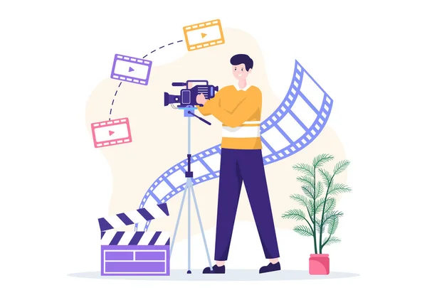 Videograaf Diensten Template Handtekening Cartoon Flat Illustration Met Record Video — Stockvector