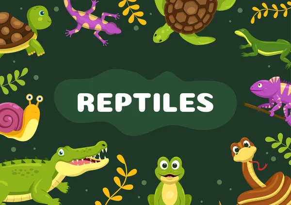 Набір Шаблонів Рептилій Тварин Намальований Мультфільм Плоска Ілюстрація Різними Типами — стоковий вектор