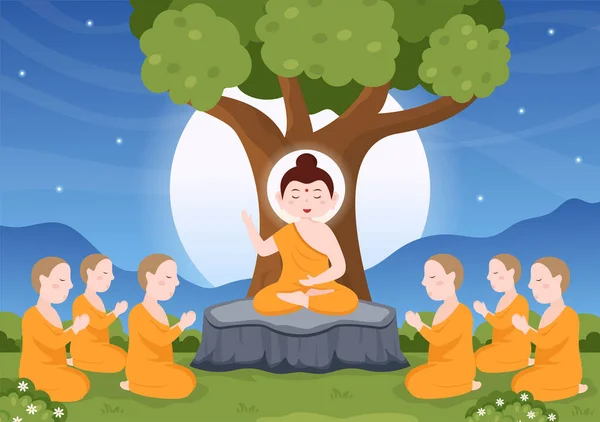 Happy Makha Bucha Dag Template Handgetekend Cartoon Flat Illustration Boeddha — Stockvector