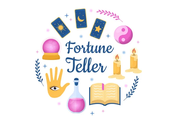 Fortune Teller Template Handtekening Cartoon Flat Illustration Met Crystal Ball — Stockvector