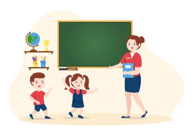 Sevimli Küçük Öğrencilerle İlköğretim Okulu El Çizimi Çizimi Sınıfı Çizim Çizimi Çizim Şablonu 'nda Okuyor