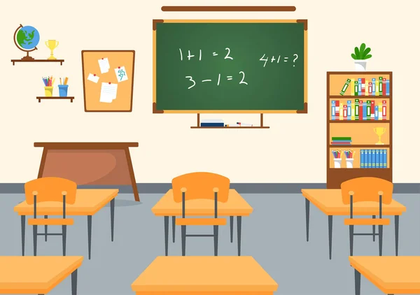 Grundschule Mit Süßen Kleinen Schülern Die Klassenzimmer Handgezeichneten Flachen Cartoon — Stockvektor