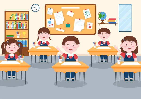 École Primaire Avec Petits Élèves Mignons Étudiant Dans Salle Classe — Image vectorielle