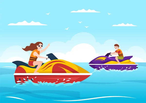 Jogando Banana Boat Jet Ski Férias Mar Praia Atividades Template —  Vetores de Stock