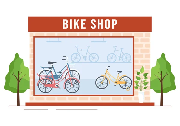 Tienda Bicicletas Con Compradores Personas Elegir Ciclos Accesorios Equipo Engranaje — Vector de stock