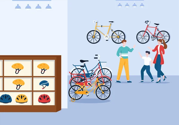 带购物者的自行车店 人们选择自行车 配件或齿轮设备来驾驶模板手绘卡通平面画图 — 图库矢量图片