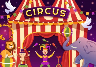 Sirk Şablonu Çizilmiş Çizim Çizimi Jimnastikçi, Sihirbaz, Hayvan Aslanı, Ev Sahibi, Palyaço ve Eğlence Parkı Gösterisi