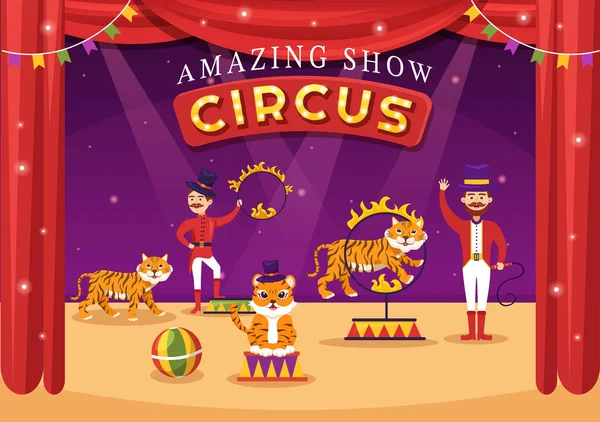Cirkus Šablona Ručně Kreslené Karikatury Ploché Ilustrace Přehlídkou Gymnastky Kouzelník — Stockový vektor