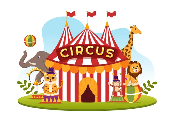 Circus Template Hand Drawn Cartoon Flat Illustration Show Gymnast Magician — Stock Vector