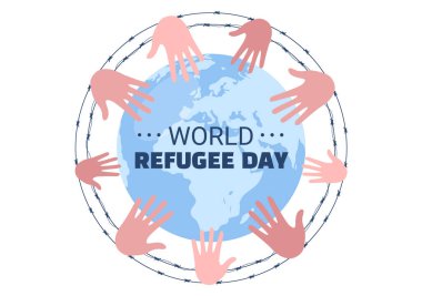 Dünya Mülteciler Günü Şablonu El Çizimi Düz Çizim Elleri, Ailesi ve Dikenli Çitlere Kaydetmek İçin Göç Etmek İçin Tırmanma