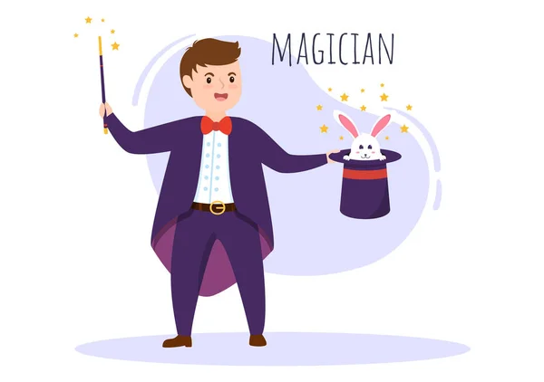 Magicien Illusionniste Conjurant Des Tours Agitant Une Baguette Magique Dessus — Image vectorielle