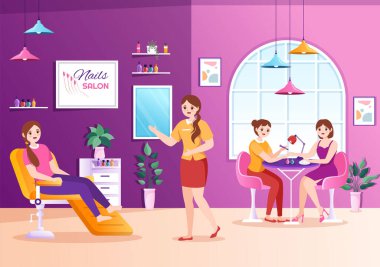 Nail Polonya Salonu Şablon El Çizimi Çizim Çizimi Manikür veya Genç Bir Kız Konseptine Alet ve Aksesuarlı Pedikür
