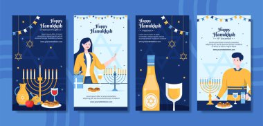 Mutlu Hanukkah Yahudi Tatili Sosyal medya Hikayeleri Şablonu El Çizimi Çizilmiş Çizgi Film Çizimi