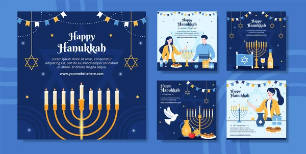 Feliz Hanukkah Jewish Holiday Social Media Post Template Dibujado Mano — Vector de stock