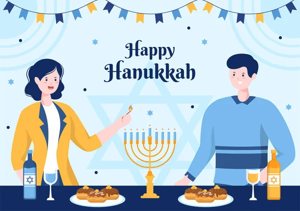 Felice Hanukkah Ebraico Vacanza Sfondo Modello Disegnato Mano Fumetto Piatto — Vettoriale Stock