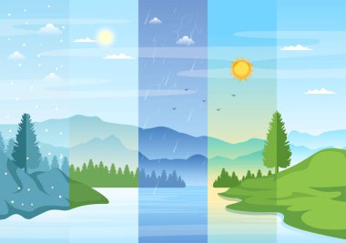 Sunny, Bulutlu, Rüzgarlı, Yağmurlu, Kar ve Fırtınalı Hava Durumu Şablon El Çizimli Çizim Çizimi Çizimi