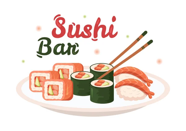 Sushi Bar Japón Comida Asiática Restaurante Sashimi Rollos Para Comer — Vector de stock