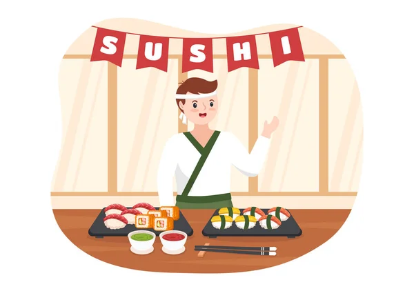 Sushi Bar Japan Asian Food Vagy Restaurant Sashimi Rolls Evés — Stock Vector