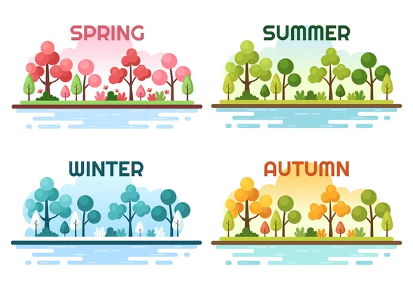 Scenery of the Four Seasons of Nature with Landscape Spring, Summer, Autumn and Winter in Template Hand Drawn Cartoon Flat Style Illustration