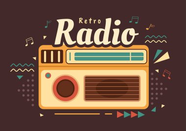 Kayıt için Retro Radyo Oynatıcı Biçimi, Eski Alıcı, Ünlülerle Röportajlar ve Şablon Elle Çizilmiş Çizilmiş Çizilmiş Çizgi Çizim Çizimi Müziği Dinleme