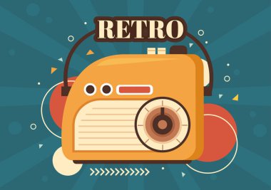 Kayıt için Retro Radyo Oynatıcı Biçimi, Eski Alıcı, Ünlülerle Röportajlar ve Şablon Elle Çizilmiş Çizilmiş Çizilmiş Çizgi Çizim Çizimi Müziği Dinleme