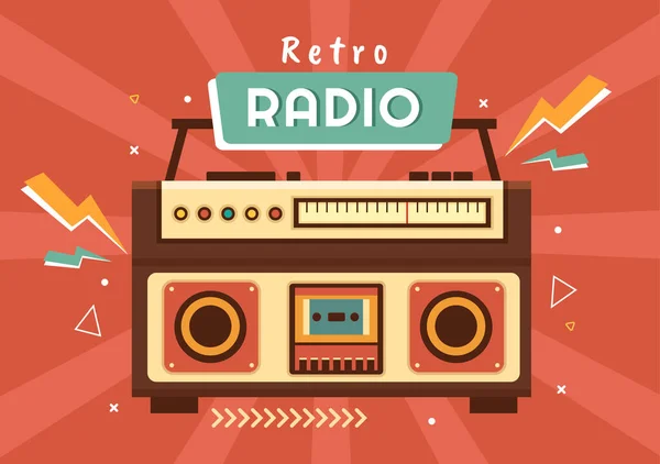复古电台播放风格的唱片 旧接收机 访谈名人和听音乐的模板手绘卡通平面插图 — 图库矢量图片