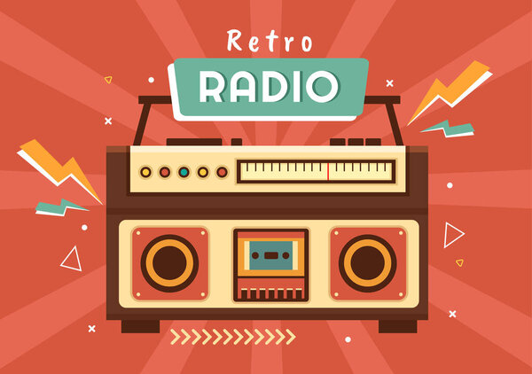 Retro Radio Player Style for Record, Old Receiver, Interviews Celebrity and Listening to Music in Template Hand Drawn Cartoon Flat Illustration