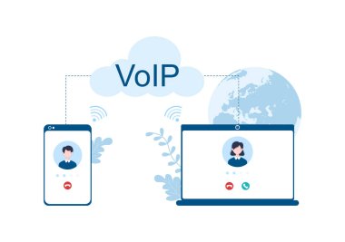 Telephony Şema Teknolojisi ve Ağ Telefon Çağrısı Yazılımı ile İnternet Üzerindeki Ses Protokolü Şablon El Çizimi Çizilmiş Çizgi Filmlerdeki Düz Çizim