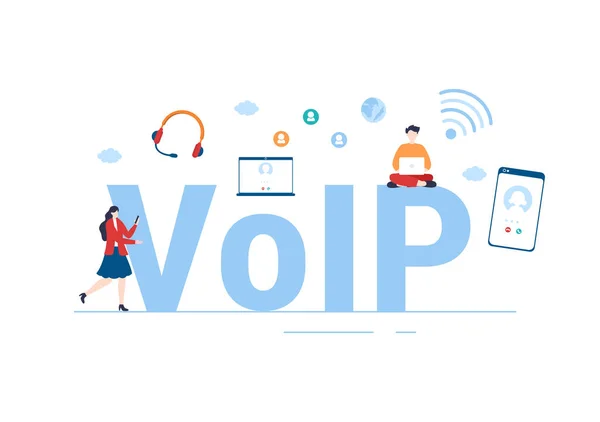 Voip Protocolo Voz Sobre Internet Con Tecnología Esquema Telefonía Software — Vector de stock