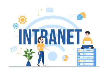 Intranet Internet Ağ Bağlantısı Teknolojisi Şablon El Çizilmiş Çizgi Film Çizimi Çiziminde Gizli Şirket Bilgilerini Paylaşacak