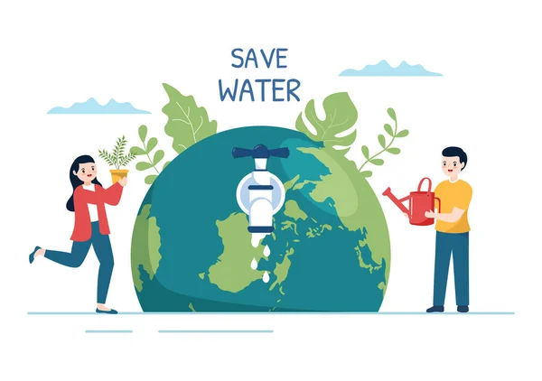 水を節約するテンプレート蛇口や地球の概念とミネラルセービングキャンペーンのための手描きフラット漫画イラスト — ストックベクタ