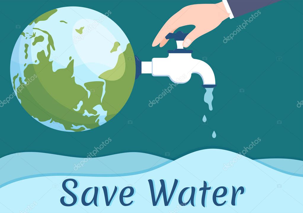 Water Saving Templates Hand Drawn Flat Cartoon Illustration for Mineral Savings Campaign with Faucet and Earth Concept