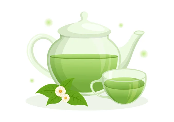 健康饮绿甘菊叶草药茶增加模板手绘卡通平面背景图解的内切效果 — 图库矢量图片