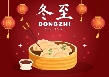Dongzhi ya da Kış Gündönümü Şablonu El Çizimi Çizimi Çin yemeğinin keyfini çıkaran Tangyuan ve Jiaozi Konsepti