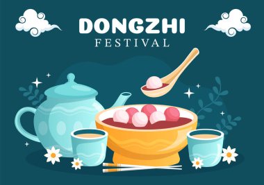 Dongzhi ya da Kış Gündönümü Şablonu El Çizimi Çizimi Çin yemeğinin keyfini çıkaran Tangyuan ve Jiaozi Konsepti