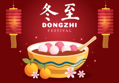 Dongzhi ya da Kış Gündönümü Şablonu El Çizimi Çizimi Çin yemeğinin keyfini çıkaran Tangyuan ve Jiaozi Konsepti