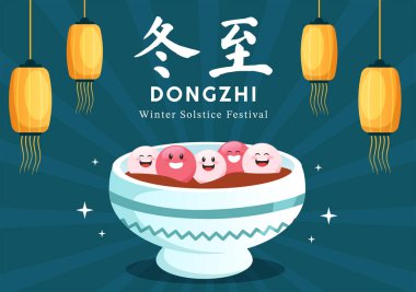 Dongzhi ya da Kış Gündönümü Şablonu El Çizimi Çizimi Çin yemeğinin keyfini çıkaran Tangyuan ve Jiaozi Konsepti